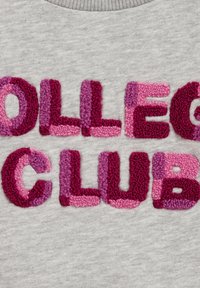 Siva sweatshirt z napisom "COLLEGE CLUB" v velikih, teksturiranih, večtonskih roza in burgundskih žametnih črkah.