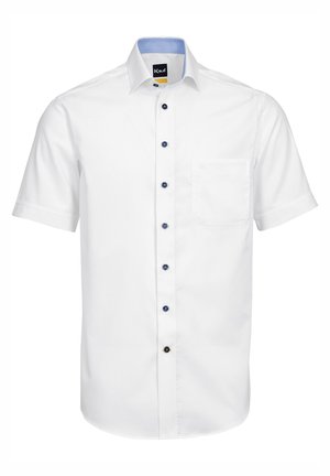 Camicia bianca a maniche corte con colletto blu. Presenta una tasca frontale, bottoni frontali in diverse tonalità di blu navy e un tessuto testurizzato.