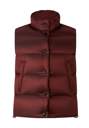 Maroon puffer vest with a high collar, featuring four padded sections, three buttons, and side pockets. Fabric has a smooth, shiny texture.