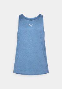 Blå atletisk tanktop lavet af letvægtsstof. Har en rund halsudskæring, ærmeløs design og et lille hvidt logo på forsiden.