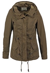 Veste à capuche marron avec fermeture éclair à l'avant, taille et ourlet à cordon de serrage, poches à rabat et manches longues.