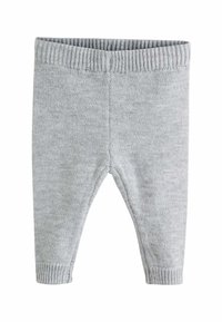 Gray knitted leggings with a ribbed waistband and cuffs, featuring a soft texture and tapered legs for a snug fit.