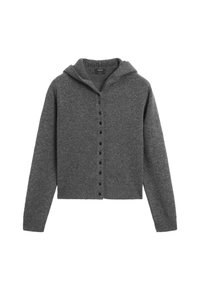 Cardigan grigio a maglia corta con cappuccio, polsini a coste e chiusura frontale con sei bottoni. Tessuto morbido e design semplice.