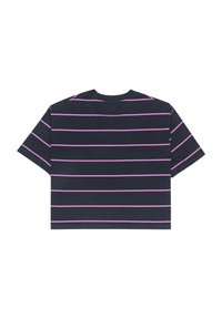 T-shirt noir à manches courtes avec des rayures horizontales roses. Col rond et coupe décontractée. Tissu en coton lisse.