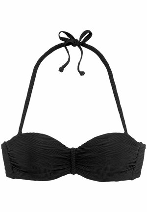 Crni bikini gornji dio s teksturiranim uzorkom i nabranim dizajnom, s podesivim halter trakama za sigurno prianjanje.