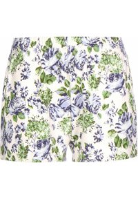 Bílé krátké kalhoty z látky s zeleným a purpurovým květinovým vzorem, s elastickým pasem.