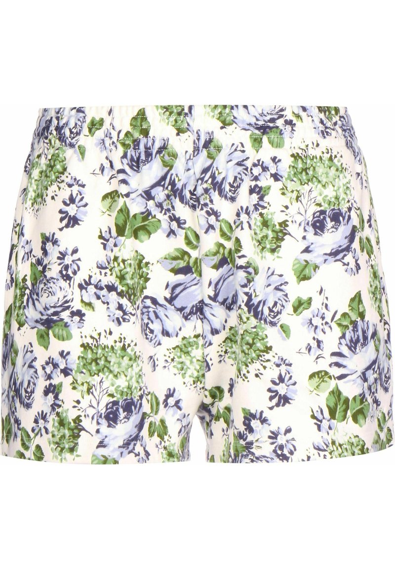 Bílé krátké kalhoty z látky s zeleným a purpurovým květinovým vzorem, s elastickým pasem.