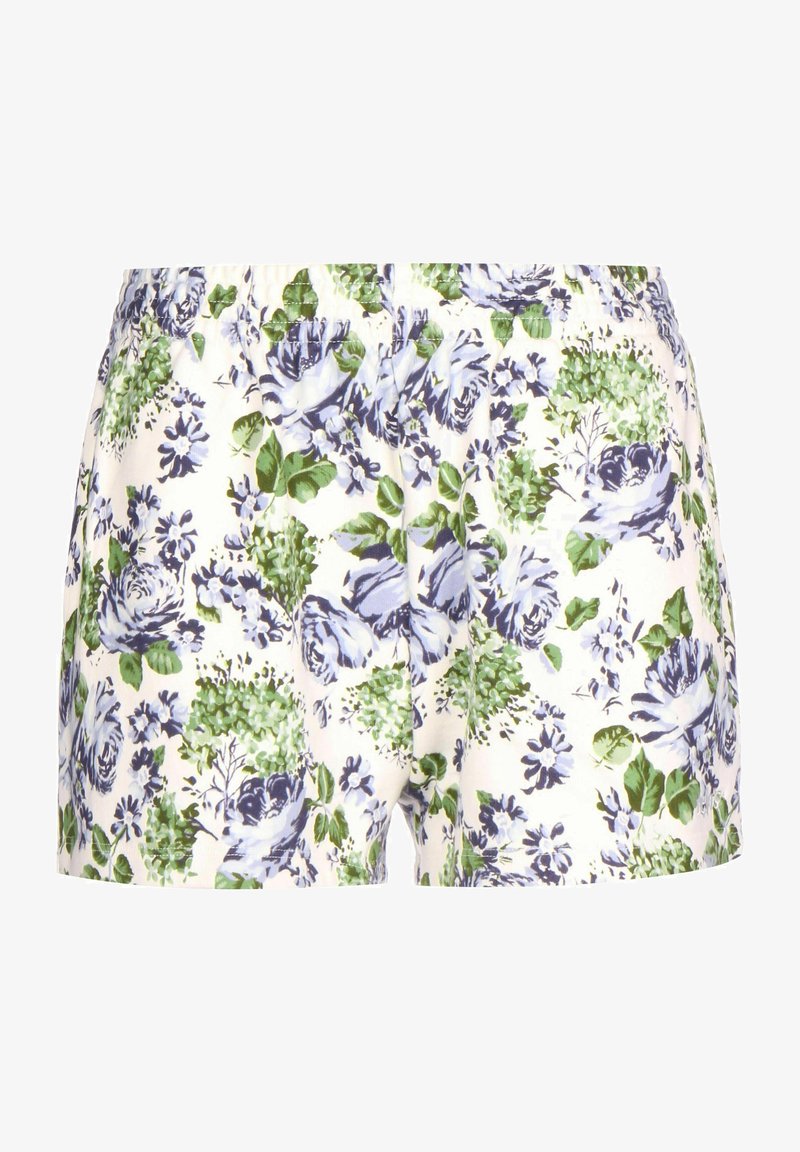 Bílé krátké kalhoty z látky s zeleným a purpurovým květinovým vzorem, s elastickým pasem.