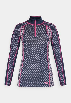 Navy long-sleeve top with a quarter zip, featuring a geometric pattern in pink and white, contrasting pink stitching, and a fitted design.