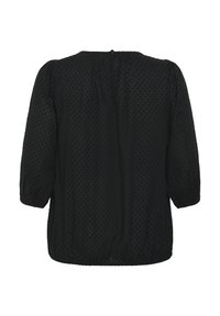 Zwarte blouse met opbollende driekwartmouwen, voorzien van een gestructureerd stippenpatroon en een geplooide halslijn aan de achterkant.