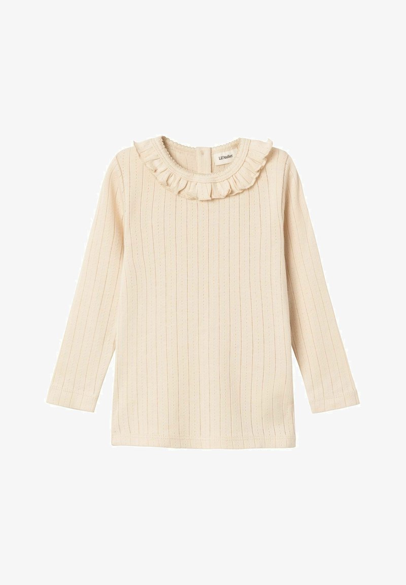 Langärmliges Oberteil aus leicht beige geripptem Stoff mit einem Rüschenkragen. Verfügt über dezente horizontale Streifen und einen Knopfverschluss im Rücken.