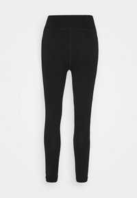 Schwarze Leggings mit hohem Bund, nahtlosem Design, glatter Textur und enganliegender Silhouette. Endet an den Knöcheln ohne sichtbare Details.