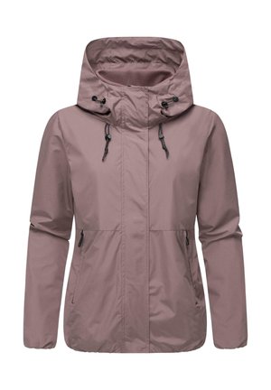 Light pink waterproof jacket with a hood, drawstring adjustments, two side pockets, and elastic cuffs. Smooth texture and minimalistic design.