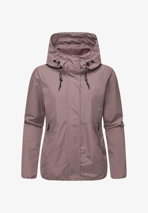 Light pink waterproof jacket with a hood, drawstring adjustments, two side pockets, and elastic cuffs. Smooth texture and minimalistic design.