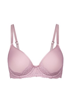 Lichtroze kanten beha met gladde cups, verstelbare bandjes en een centrale strikdetail. De kanten afwerking voegt een delicate textuur toe langs de onderkant.