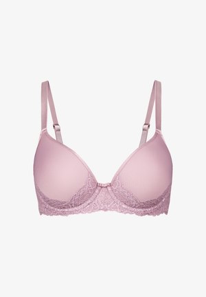 Lichtroze kanten beha met gladde cups, verstelbare bandjes en een centrale strikdetail. De kanten afwerking voegt een delicate textuur toe langs de onderkant.
