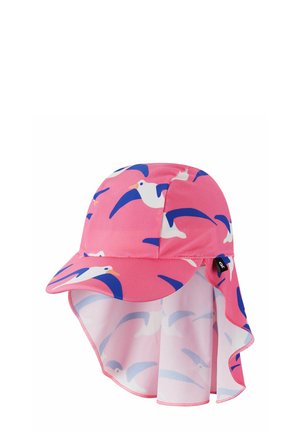 Różowy dziecięcy kapelusz przeciwsłoneczny z niebiesko-białym wzorem mew i wydłużonym daszkiem na szyję dla ochrony przed słońcem.