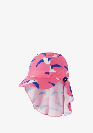 Różowy dziecięcy kapelusz przeciwsłoneczny z niebiesko-białym wzorem mew i wydłużonym daszkiem na szyję dla ochrony przed słońcem.