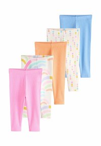 Set aus fünf Leggings in verschiedenen Farben: Pink, Blau, Orange und gemustertem Stoff mit Regenbogen- und Tupfenmustern. Aus Baumwollmaterial.