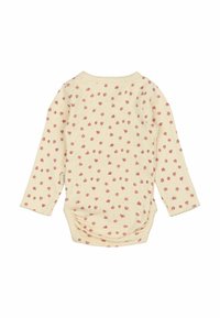 Body per neonato a manica lunga in cotone crema con motivo a bocciolo di rosa; presenta un collo rotondo e chiusura a pressione sul fondo.