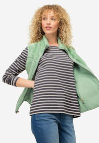 Gilet en polaire verte avec un col haut, porté par-dessus une chemise à rayures bleues et grises à manches longues. Modèle debout avec les mains dans les poches, jeans bleus.