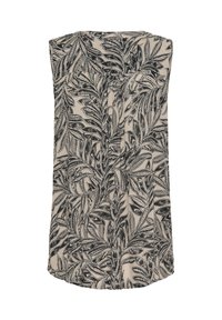 Bluse med blomsterprint i beige stof, prydet med sorte bladmønstre, ærmeløs design og rund kant med knapdetaljer foran.
