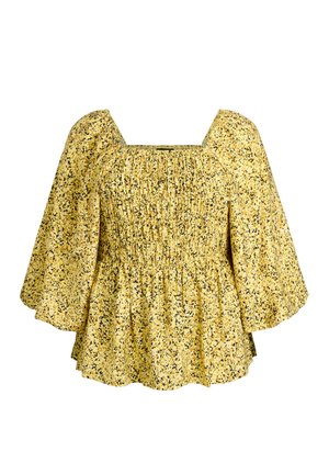 Žlutá květinová halenka s nařaseným čtvercovým výstřihem a objemnými dlouhými nafouklými rukávy, zakončená volným peplum lemem.