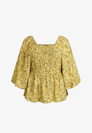 Kollane lilleline pluus kortsitud ruudukujulise kaelusega ja volüümsete pikkade puffvarrukatega ning lahtise peplumtallaga.