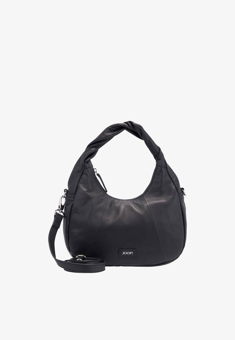 Schwarze Lederhandtasche in Halbmondform mit gedrehtem Tragegriff, abnehmbarem Schulterriemen und kleinem "JOOP!"-Logo vorne.
