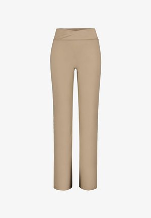 Beige, wijde broekspijpen gemaakt van een gladde, rekbare stof. Heeft een tailleband met overslagontwerp en een getailleerde pasvorm.