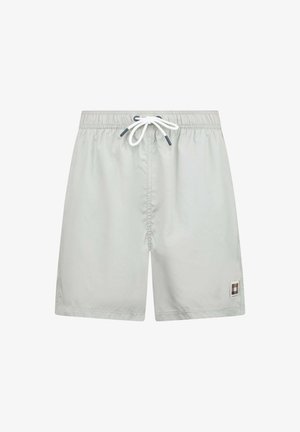 Costume da bagno grigio chiaro con elastico in vita, coulisse bianca e piccola toppa a quadri sulla parte bassa della gamba sinistra.