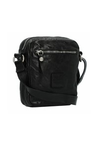 Borsa a tracolla in pelle nera con tasca frontale con zip, finitura testurizzata, tracolla regolabile e forma rettangolare. Caratterizzata da accessori in argento.