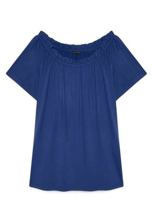 Blouse bleue à manches courtes avec encolure élastiquée froncée et bordure à volants, coupe ample, tissu doux, sans motifs ni logos visibles.
