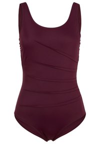 Costume da bagno intero borgogna con dettaglio di arricciatura orizzontale, scollo a cuore e spalline larghe. Realizzato in tessuto liscio e elasticizzato.