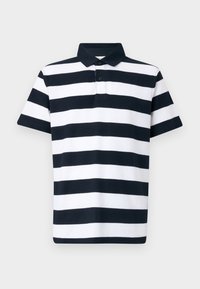 Polo em riscas azul-marinho e brancas com colarinho, mangas curtas e pala de dois botões. O tecido tem uma textura de trama.