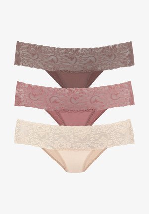 Drei Paare Spitzenunterwäsche in den Farbtönen Dunkelbraun, Mauve und Beige, mit floralen Mustern am Spitzenbund und glattem Stoff.