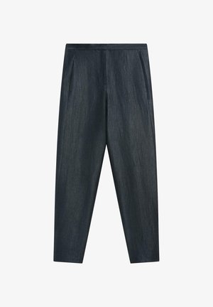 Donkergrijze taps toelopende broek met zijzakken en een platte tailleband, gemaakt van gestructureerde stof.