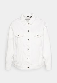 Giacca in denim bianco con collo a risvolto, maniche lunghe, due tasche sul petto e bottoni argentati. Design semplice e pulito.