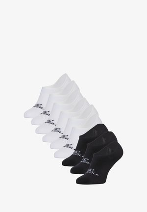 Paquet de huit chaussettes mi-mollet, quatre blanches et quatre noires. Fabriquées en mélange de coton, avec des bords côtelés et un logo imprimé sur le côté.