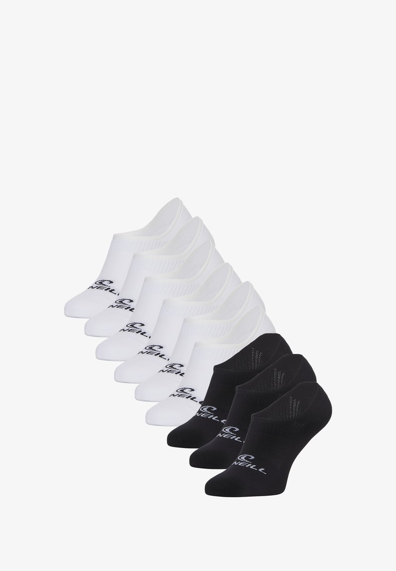 Paquet de huit chaussettes mi-mollet, quatre blanches et quatre noires. Fabriquées en mélange de coton, avec des bords côtelés et un logo imprimé sur le côté.