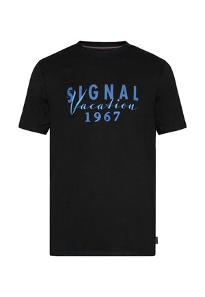 Sort T-shirt med korte ærmer med blå tekst "SIGNAL Vacation 1967" trykt midt på forsiden.