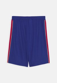 Pantaloni sportivi blu con vita regolabile, dotati di pannelli laterali rossi e dettagli gialli. Realizzati in materiale leggero e liscio.