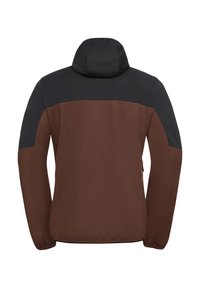 Giacca a vento marrone e nera con cappuccio, caratterizzata da una texture liscia e pannelli a contrasto sulle spalle e sulla parte superiore della schiena.