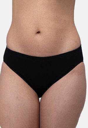 Mutandine bikini nere con una texture liscia, design a vita media e dettagli di cucitura minimi. Indumento semplice e funzionale.