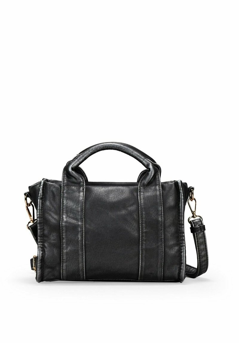 Bolso de mano de cuero negro con un diseño estructurado, asas cortas y una correa de hombro ajustable. Superficie texturizada con detalles de costura visibles.