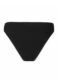 Černé bikiny s ribovanou strukturou. Disponují středním střihem a bočními otvory, zpevněnými švy a malým embosovaným logem.