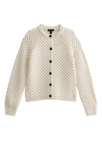 Kremowy sweter rozpinany z dzianiny z teksturowanym wzorem, zaokrąglonym dekoltem, zapinany na guziki oraz z prążkowanymi ściągaczami przy mankietach i u dołu.
