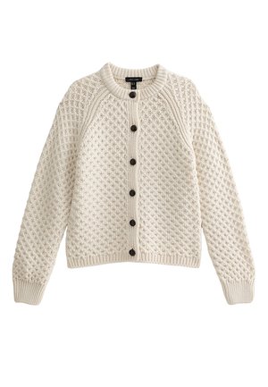 Crèmekleurig gebreid vest met een gestructureerd patroon, ronde halslijn, knoopsluiting en geribbelde manchetten en zoom.
