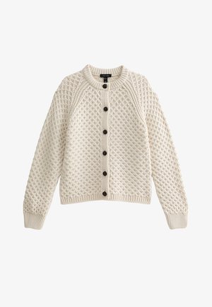 Crèmekleurig gebreid vest met een gestructureerd patroon, ronde halslijn, knoopsluiting en geribbelde manchetten en zoom.