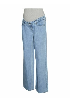 Jasnoniebieskie dżinsy typu wide-leg z wysokim stanem, wykonane z denimu. Wyposażone w zapinanie na guzik z przodu oraz dwie boczne kieszenie.